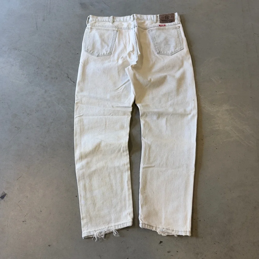 Wrangler Mens Distressed White Denim Jeans Straight Leg Workwear Casual Size 34